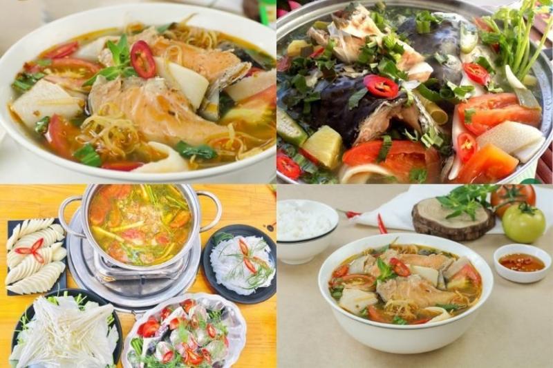Một bát canh hoặc lẩu đầu cá hồi nghi ngút khói, thể hiện món ăn ngon và bổ dưỡng được chế biến từ đầu cá hồi.